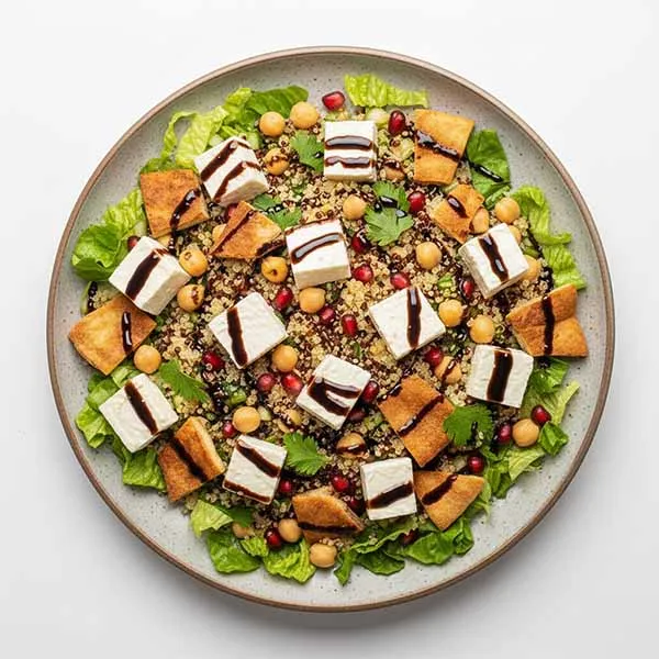 Akawi Salad With Quinoa, Chickpeas, Pita Crisp & Pomegranate Molasses Dressing